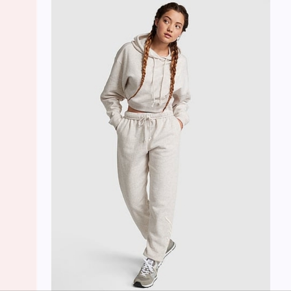 PINK Victoria's Secret Pants - NWT VS PINK Set - Everyday Fleece Crop Hoodie & High-Waist Sweatpant - Oatmeal